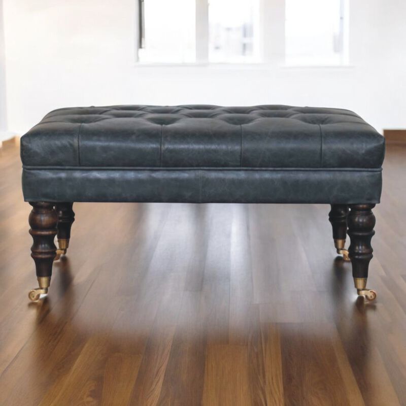 Artisan Furniture Solid Wood Leather Ottoman with Castor Legs