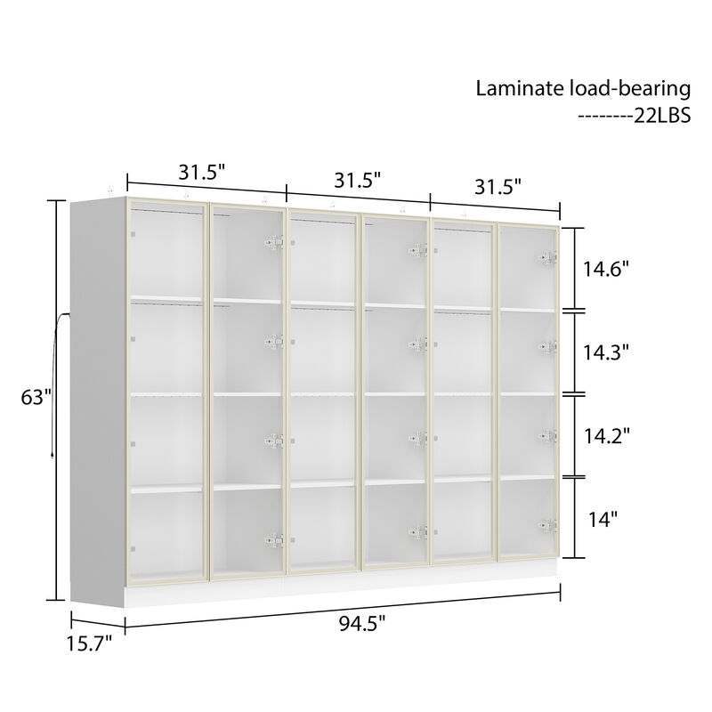 FUFU&GAGA 63 in. Tall White Wood Bookcase Bookshelf With 3-Color LED Lights and Tempered Glass Doors,(94.5" W x 63" H x 15.7" D), White