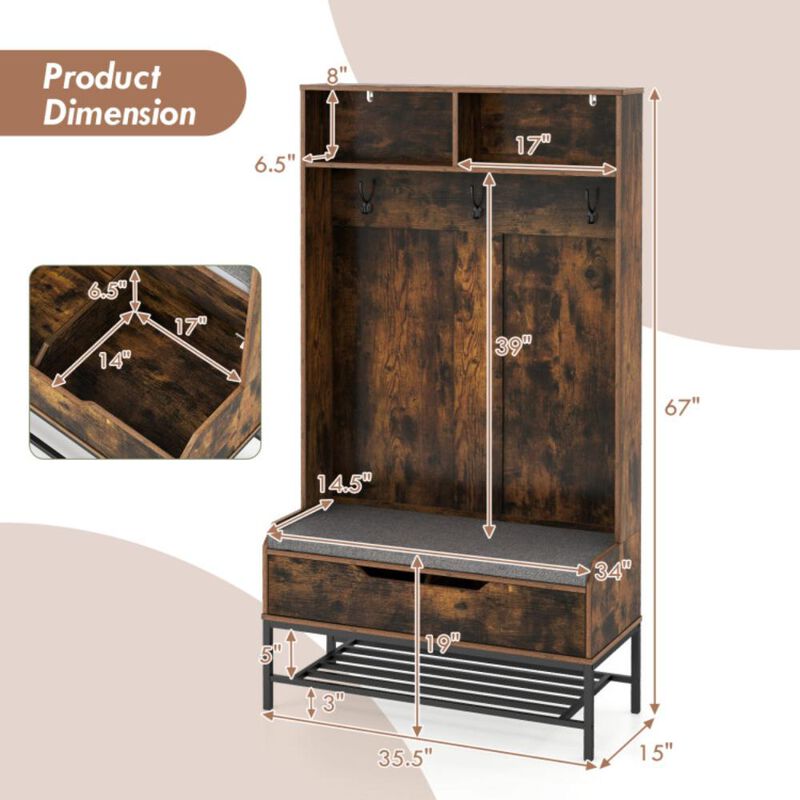 Hivvago Tall Hall Tree 4-in-1 Coat Rack with Seat Cushion and Shoe Storage