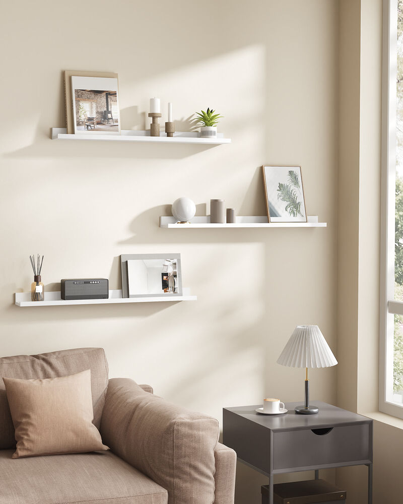 3-Piece Set Floating Wall Shelves - Long Picture Shelving Ledge in White MDF