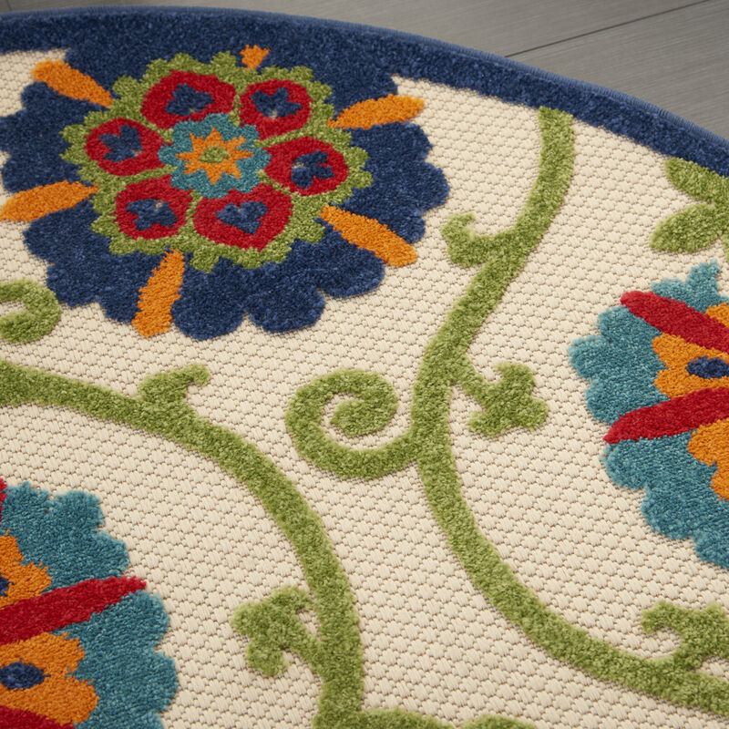HomeRoots 4' Navy Blue Beige Green Blue And Red Round Floral Indoor Outdoor Area Rug image number 5