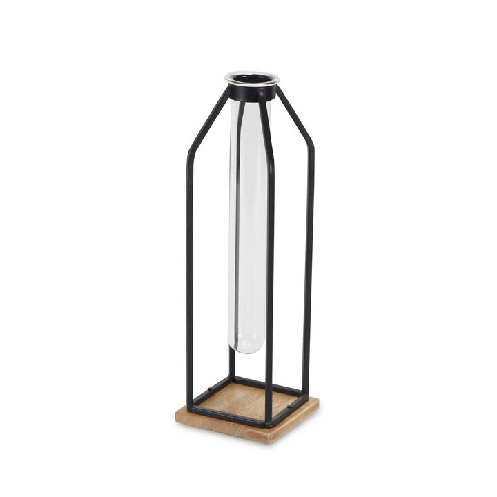 HomeRoots 12" Black Clear And Natural Metal Glass And Wood Posy Test Tube Table Vase