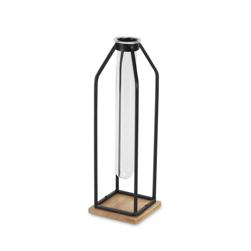 HomeRoots 12" Black Clear And Natural Metal Glass And Wood Posy Test Tube Table Vase image number 0