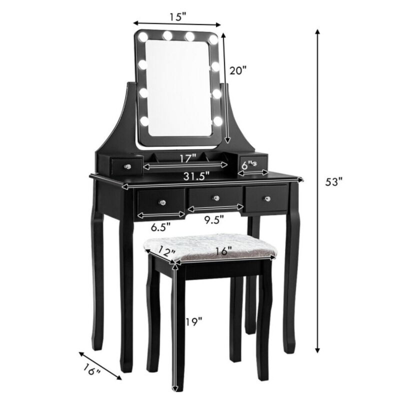 Hivvago Vanity Dressing Table Set with 10 Dimmable Bulbs and Cushioned Stool