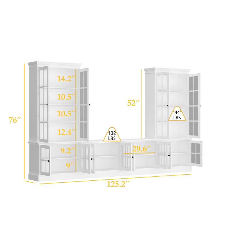 FUFU&GAGA Modern Glass-Door TV Cabinet with Vintage Metal Handles, Tempered Glass Display, and Solid Wood Feet, Water-Based Paint Finish, (125.2 in. W x 15.7 in. D x 76 in. H), White