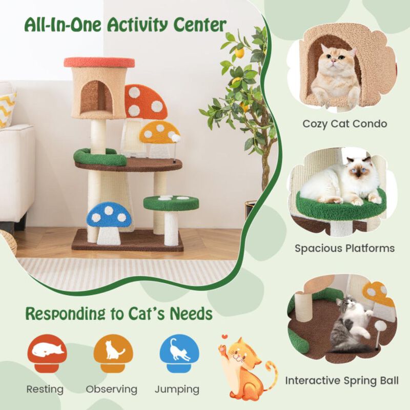 Hivvago 4-In-1 Mushroom Cat Tree with Condo Spring Ball and Sisal Posts-Multicolor