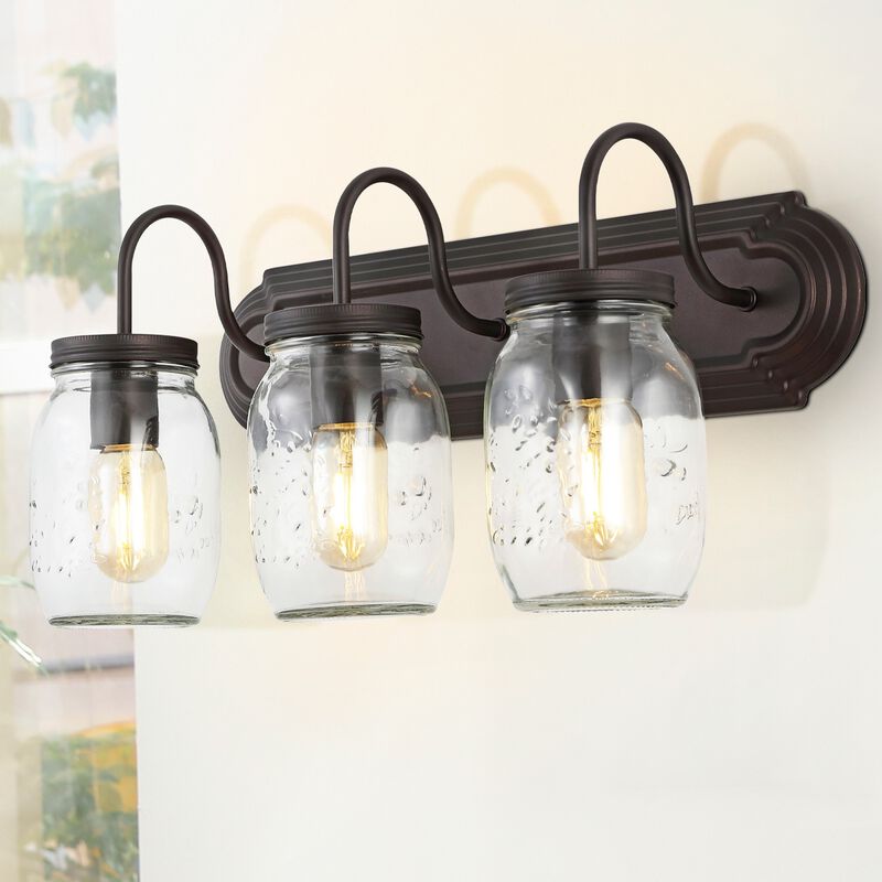 Gaines 3-Light Farmhouse Industrial Iron Mason Jar LED Vanity