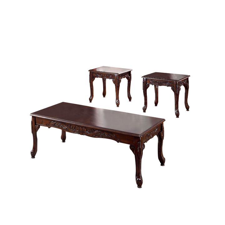 3 Piece Occasional Wooden Table Set with Engraved Details, Cherry Brown-Benzara