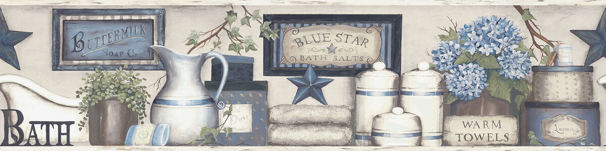 Country Bath Blue Rustic Wallpaper