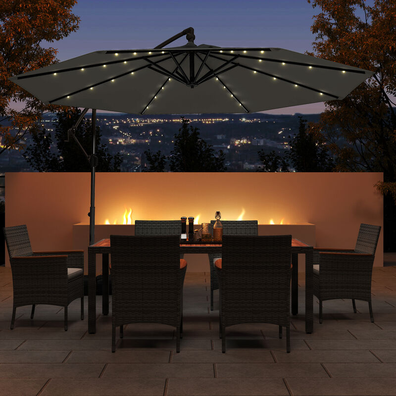 Solar Offset Umbrella with 32 LED Lights &ndash; Hanging Patio Shade with Base