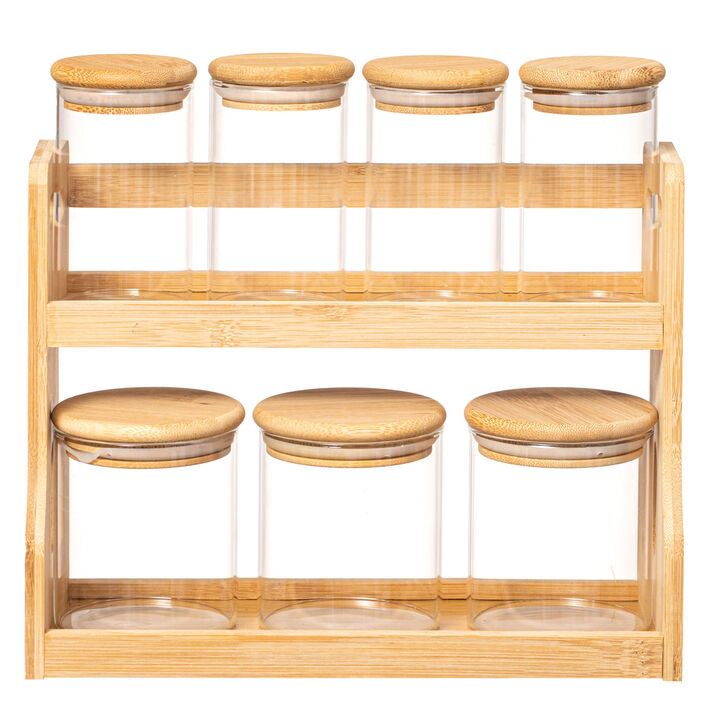 Basicwise Versatile 2-Tier Bamboo Spice Rack and Pantry Organizer with 7 Glass Jars – Perfect for Countertop Storage in Kitchens to Keep  Seasoning Containers Neatly Displayed and Easily Accessible