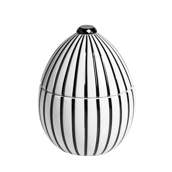 Candle in Ceramic Egg BOIS DE ROUSSIE 7 oz White Black Stripes 5.12 diam. x 6.5 in