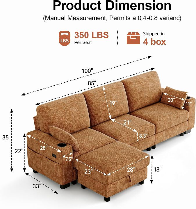 Vipbear 100 Inch Modular Sectional Sofa, Soft Chenille L Shaped Couch with Moveable Storage Ottoman