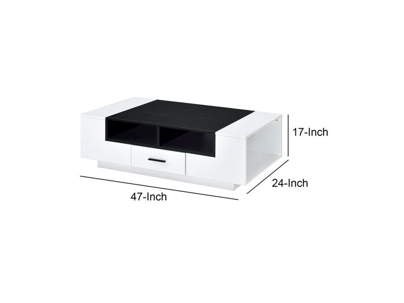 Contemporary Coffee Table with Drawer and Open Compartment, Black and White-Benzara