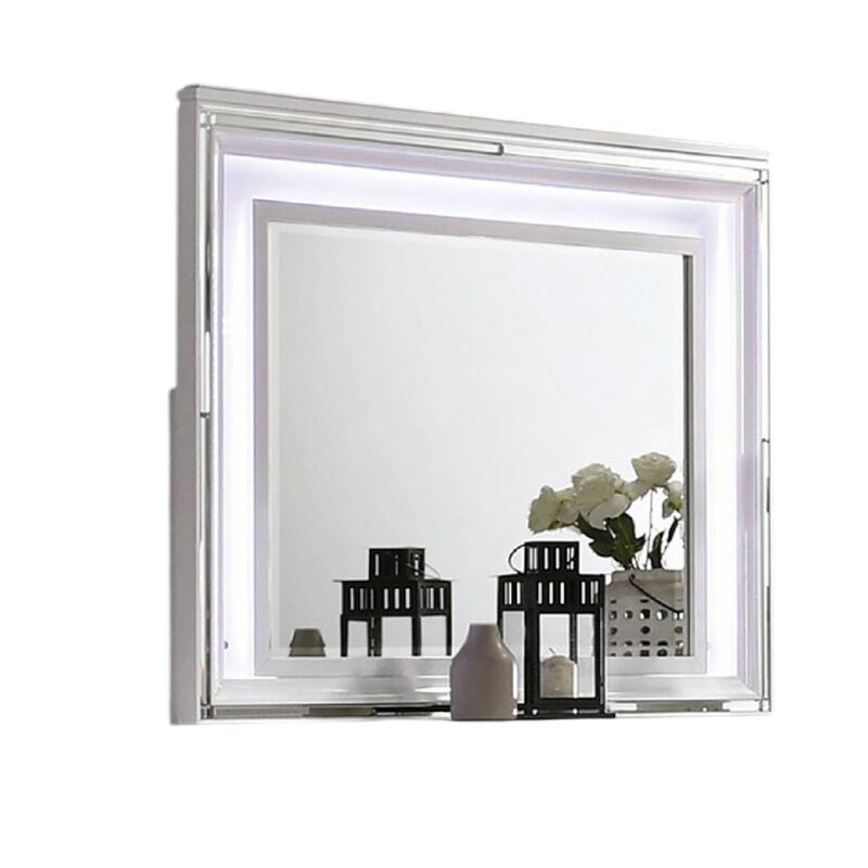 Lin Dresser Mirror with LED Lights, 47 Inch White Solid Wood Frame