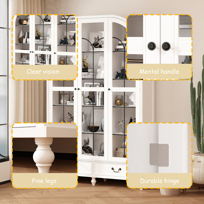 FUFU&GAGA Modern White Bookcase with Glass Doors, 2 Drawers & 8 Shelves, Elegant Storage for Living Room, Bedroom, or Office (77.2"H x 50.4"W x 15.7"D), White