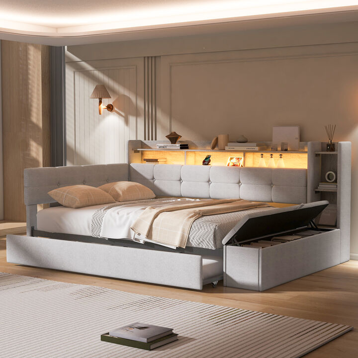 Merax Multi-Functional Linen Upholstered Daybed with Trundle, LED, USB & Storage