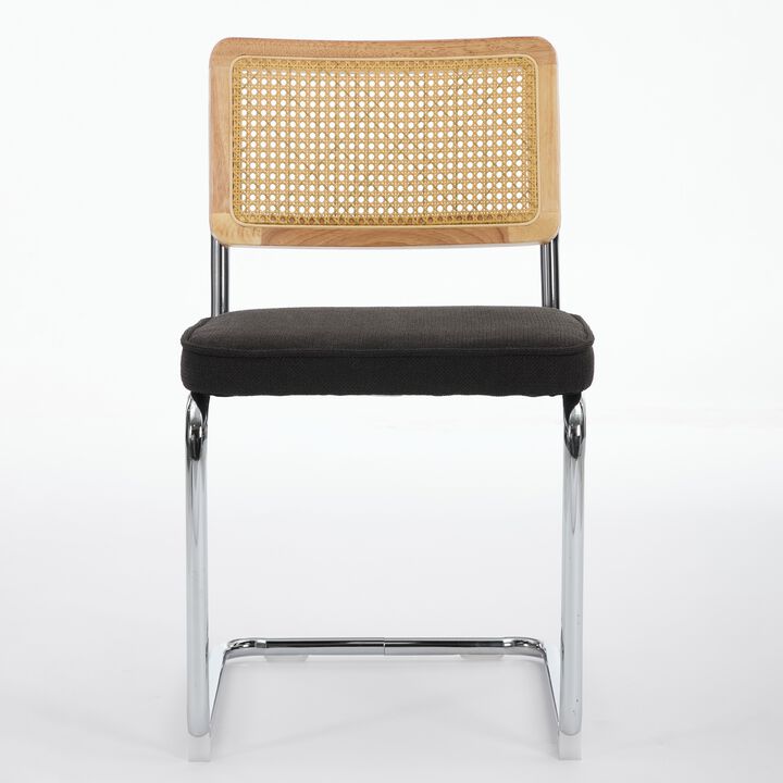 Whisen 2-Piece Mid Century Dining Chairs, Linen Upholstered with Cane Back & Chrome Base, Cantilever Design for Kitchen
