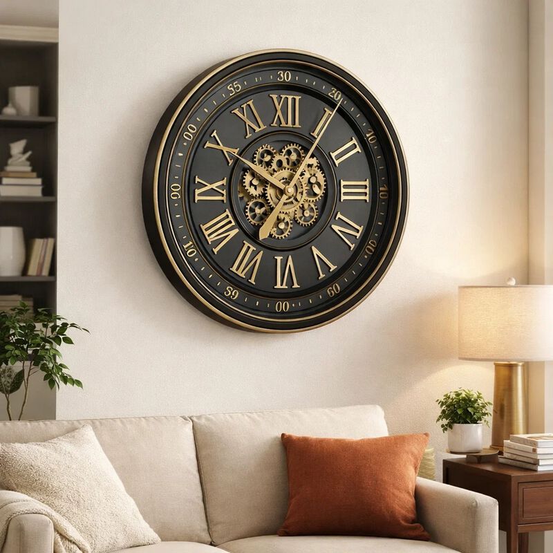 Wall Clock with Gears, Gold Roman Numerals, 32 Inch Round Black Metal image number 1