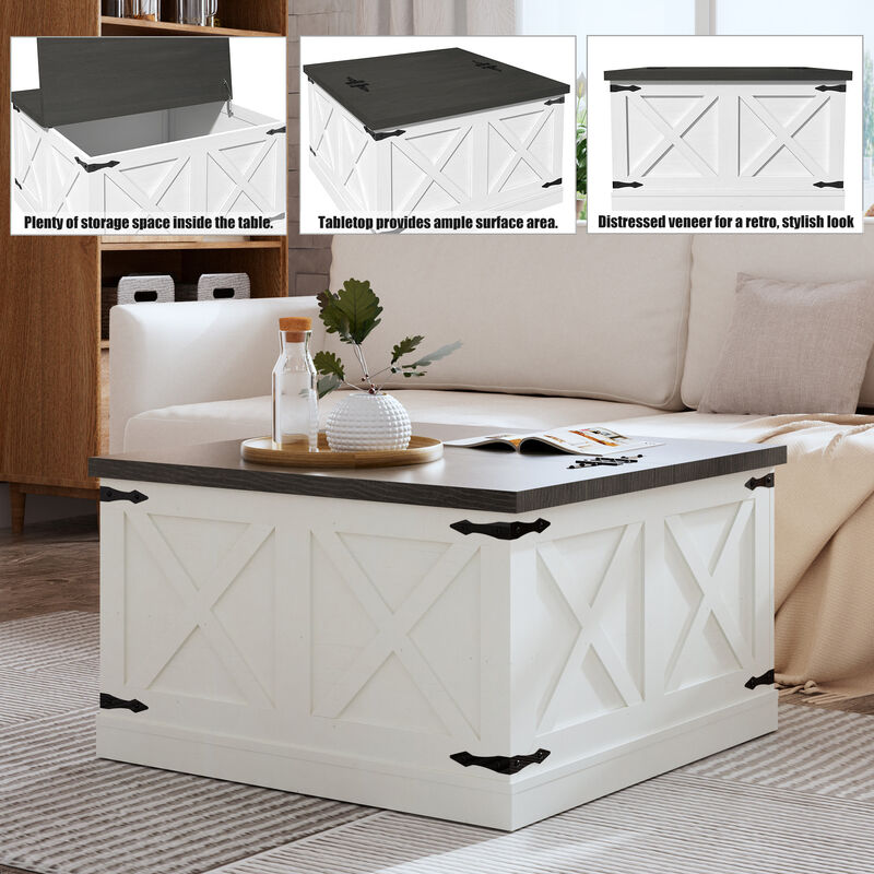 Farmhouse Square Coffee Table Wooden Center Table Rustic Cocktail Table with Hinged Lift Top and Large Hidden Storage Compartment, White