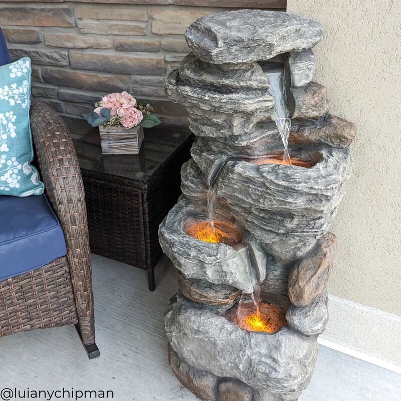 Outdoor Faux Stone 4-Tier Water Fountain with LED, Gray image number 5