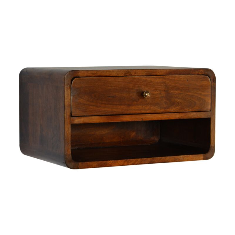 Curved Chestnut Wall Mounted 1 Drawer with Open Slot Solid Wood Nightstand