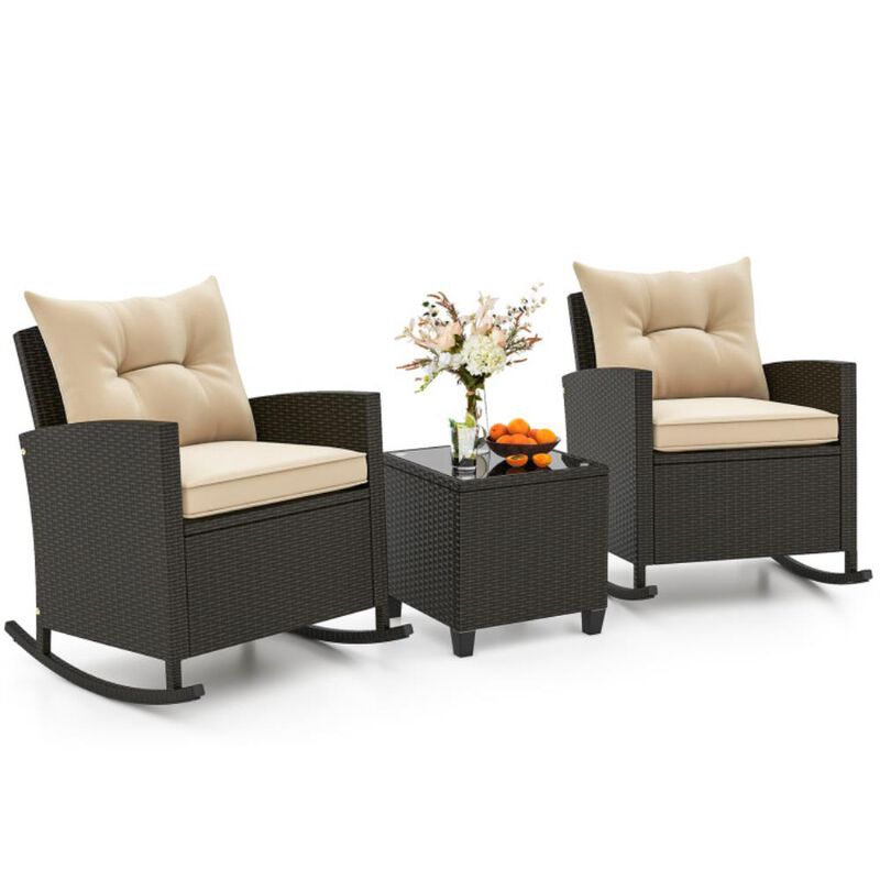 Hivvago 3-Piece Patio Rattan Roker Chairs with Tempered Glass Table and Soft Cushions image number 8