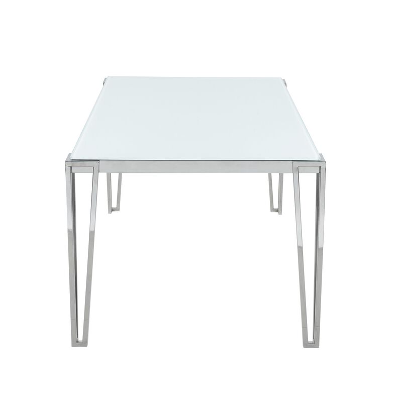 Dining Table with Glass Top and Metal Legs, White and Chrome-Benzara image number 3