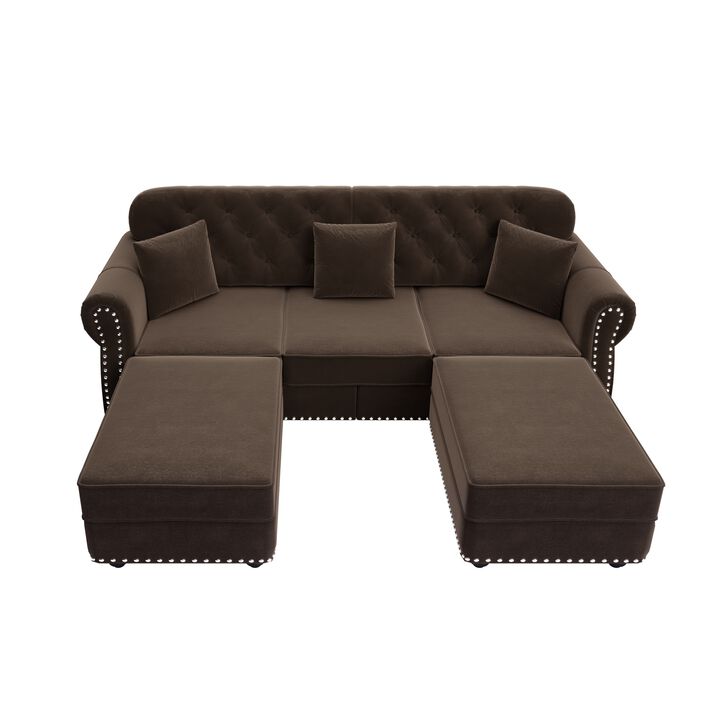 Whisen 3 Seat Velvet Upholstered Sectionals with 2 Ottomans, Nailhead Trim, Mid-Century Modern, for Living Room