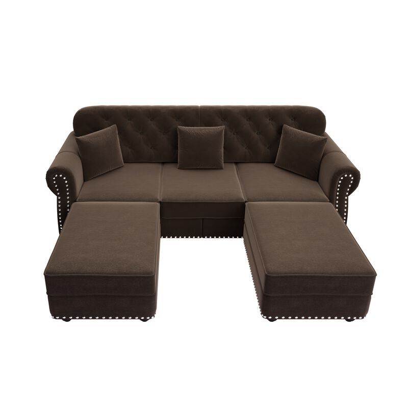 Whisen 3 Seat Velvet Upholstered Sectionals with 2 Ottomans, Nailhead Trim, Mid-Century Modern, for Living Room image number 0
