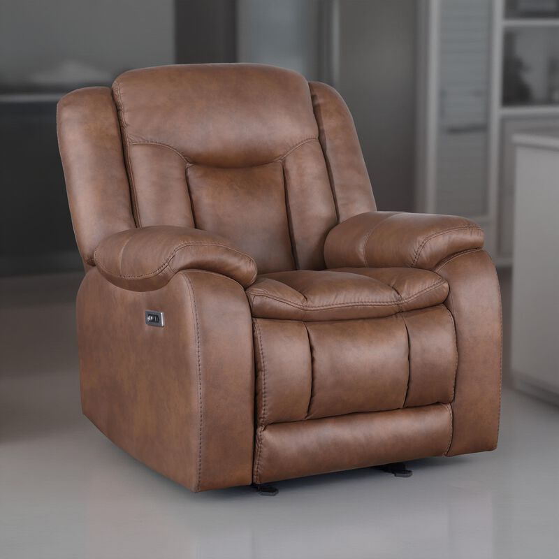 Olaf Power Recliner Chair, Chaise Footrest, Saddle Brown Faux Leather - Benzara image number 5