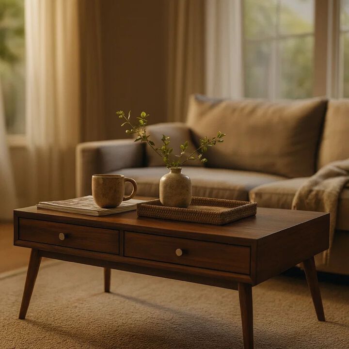 2 Drawer Wooden Coffee Table with Splayed Legs, Walnut Brown