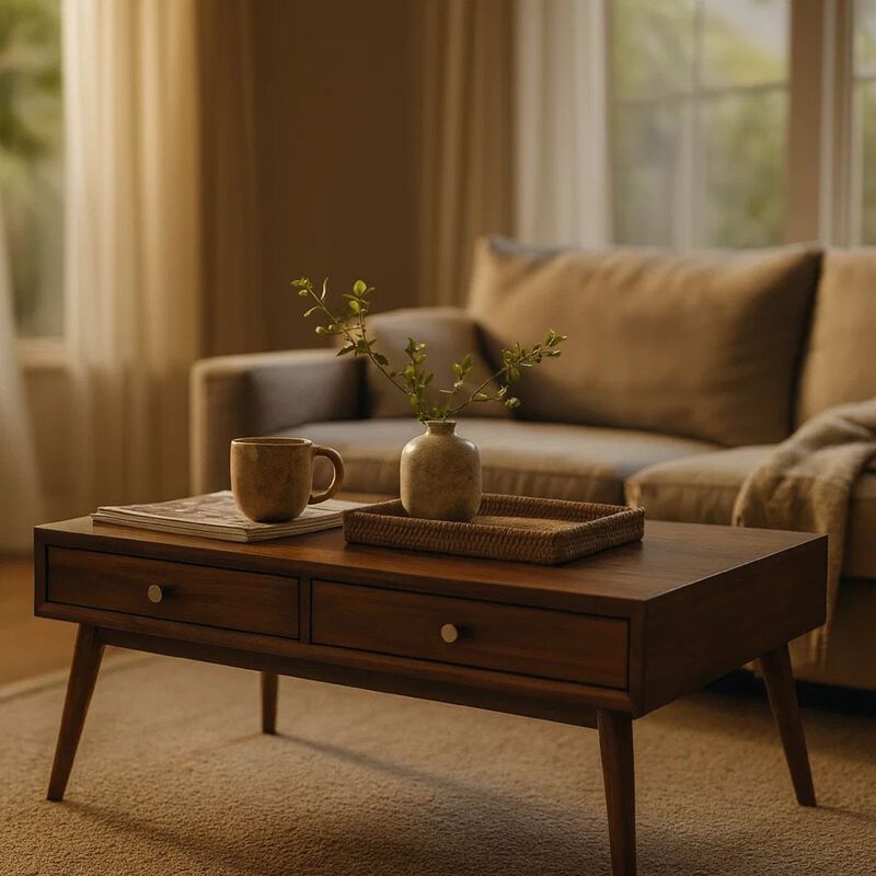 2 Drawer Wooden Coffee Table with Splayed Legs, Walnut Brown image number 1