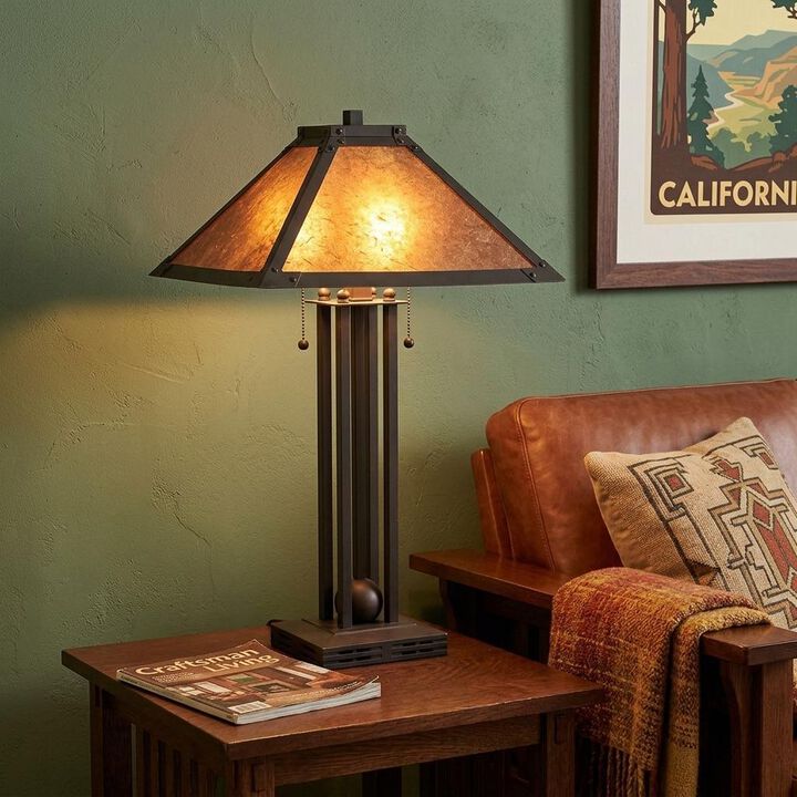 HomeRoots 25" Gray Metal Two Light Cylinder Table Lamp With Amber Square Shade