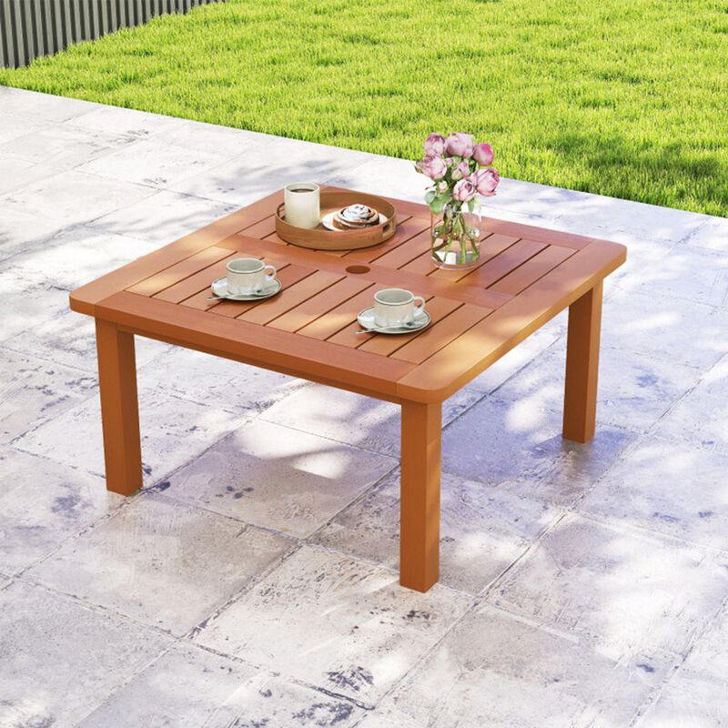 Patio Coffee Table with 2" Umbrella Hole, Solid Wood Teak Oil Finish, 132Lbs Load Outdoor Square Table image number 8