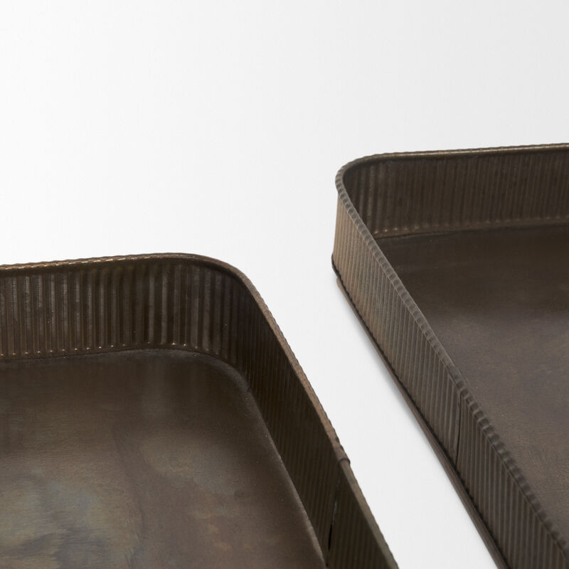 HomeRoots Set of Two Antiqued Brass Metal Handmade Serving Tray image number 3