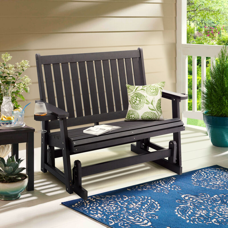 Poly Lumber Patio Glider Two Seat with Cup Holders, Durable HIPS Material, All-Weather Resistant, High Backest and Deep Contoured Seat, Heavy Duty 900 LB, for Outdoor, Porch, Patio (Carbon Black)