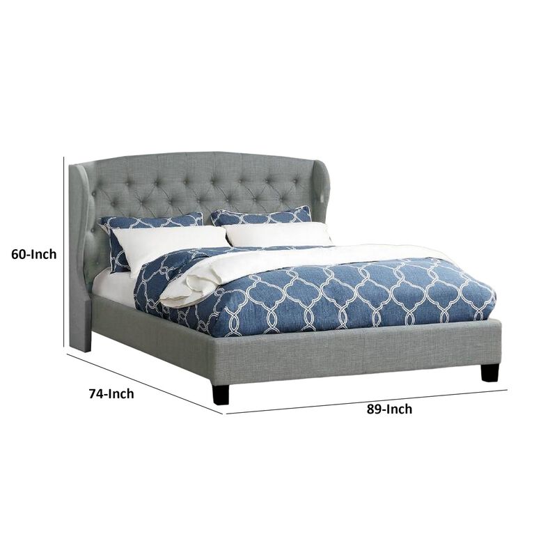 Jimi California King Bed, Upholstered Wingback Headboard, Gray Polyester - Benzara