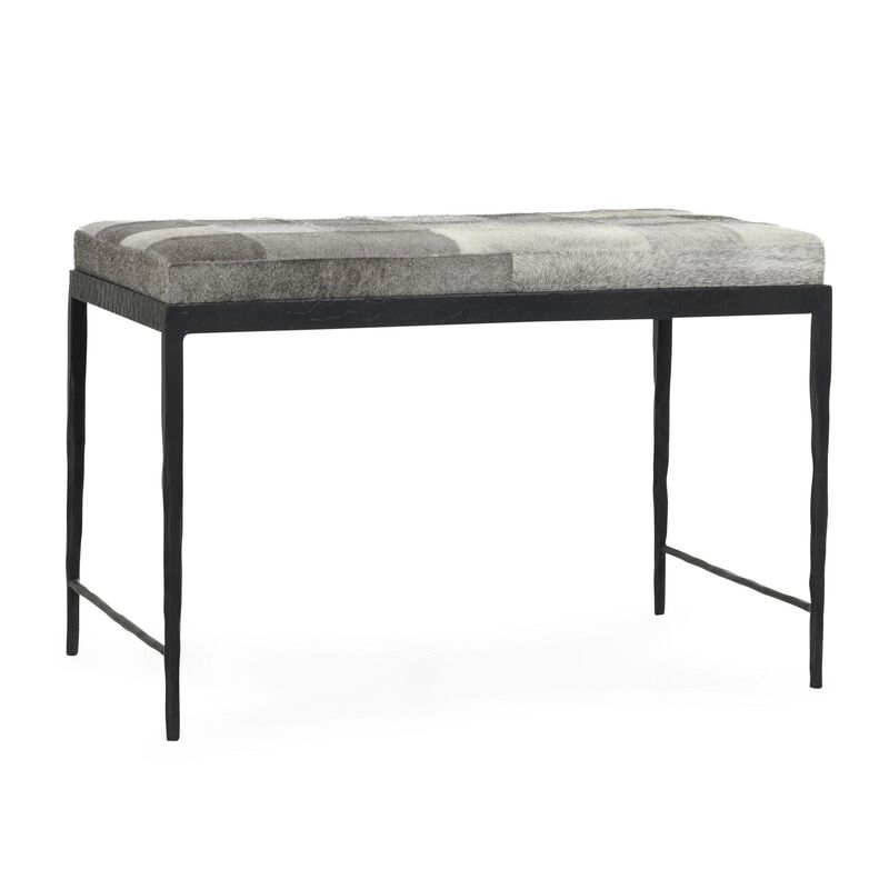 Leif Ottoman Bench with Gray Patchwork Leather Hide, Iron 28 Inch image number 0