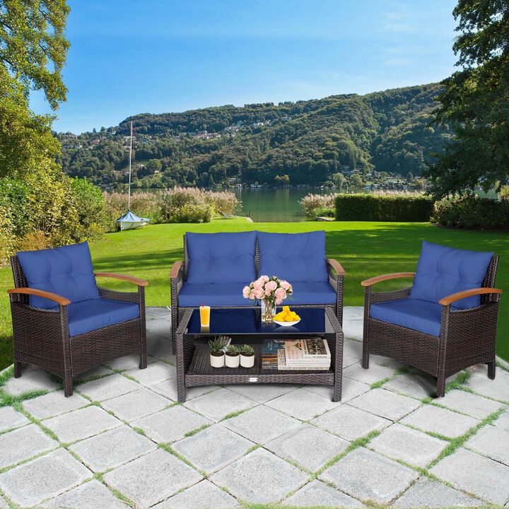 Mondawe 4 Pieces Patio Rattan Furniture Set with Cushioned Sofa and Storage Table