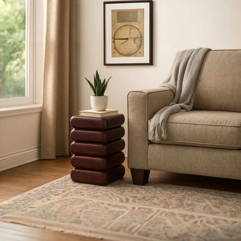 Zyra 18" Side End Table | Sculptural Stacked Design |  Dark Cherry Brown Acacia Wood