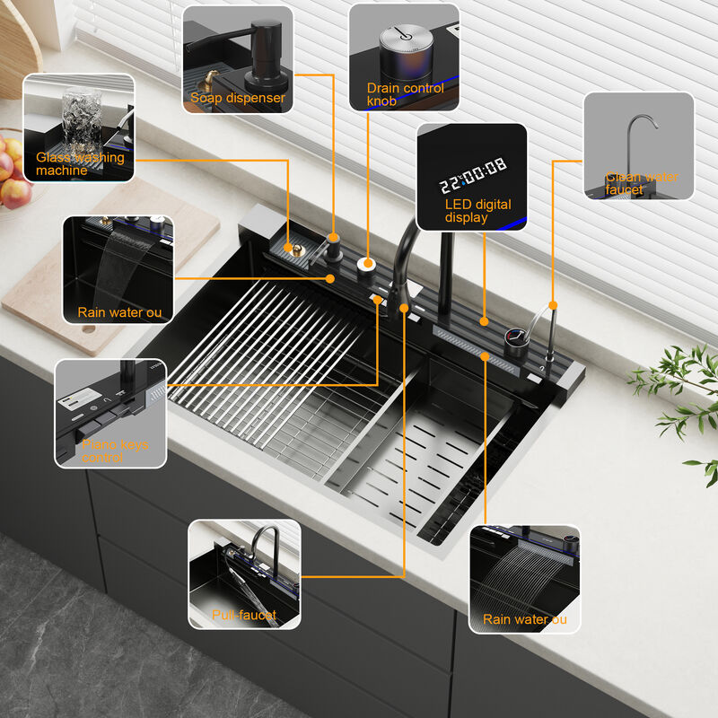 FUFU&GAGA PVD 304 Stainless Steel Kitchen Sink with Cutting Board, Drain Rack, and Smart Faucet,(33.1" W x 22" D x 24.6" H),Black