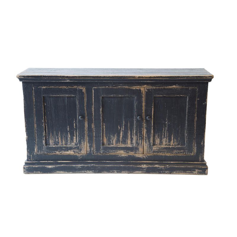 Miy Sideboard Buffet Cabinet, 3 Door, Antique Black Pine Wood 65 Inch