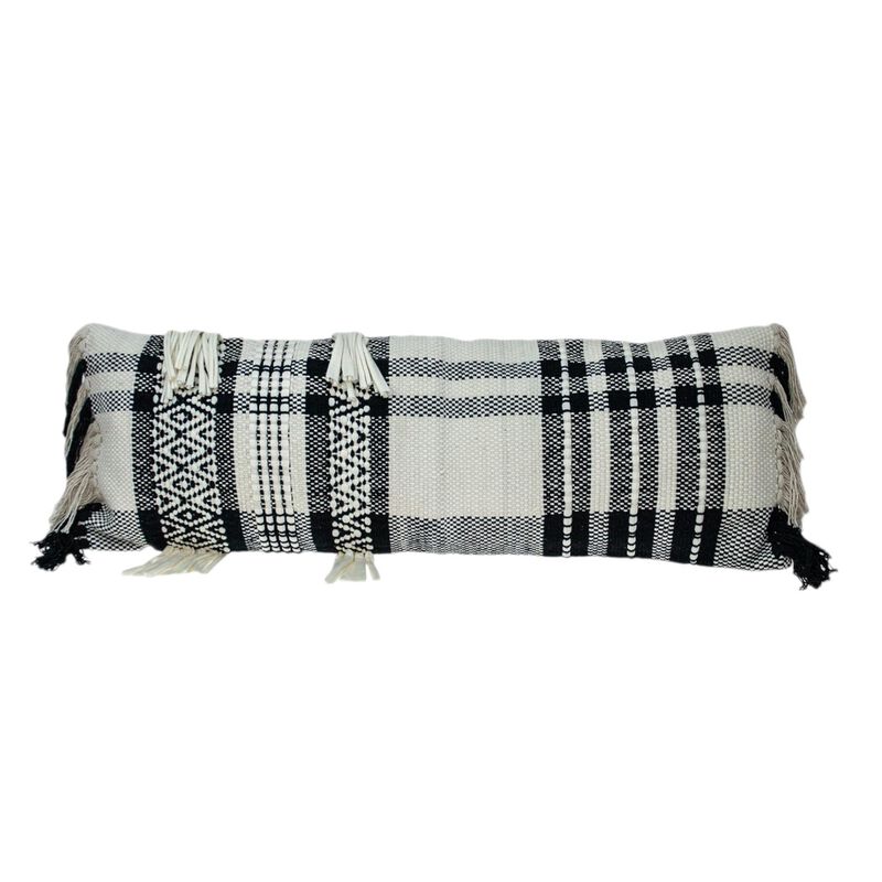 HomeRoots 12" X 35" Black and White Plaid Cotton Lumbar Throw Pillow With Fringe image number 4