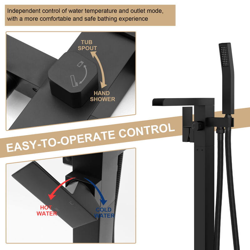 Freestanding Bathtub Faucet Waterfall Tub Filler Matte Black Floor Mount Brass Bathroom Faucets with Hand Shower