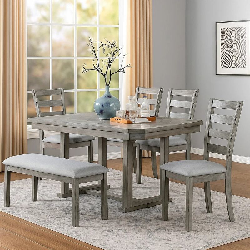 Lais 6pc Dining Table Set with Bench, 4 Ladderback Chairs, Rustic Gray image number 1