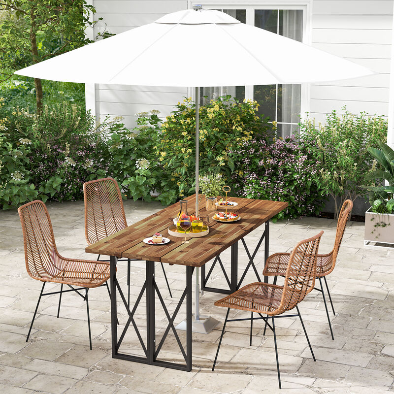 67 Inch Patio Rectangle Acacia Wood Dining Table with Umbrella Hole image number 1