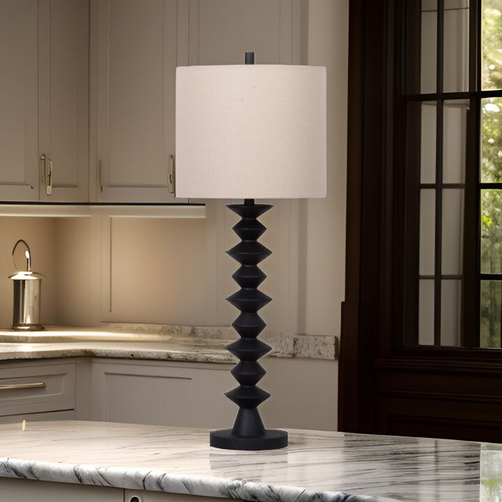 Ando Buffet Table Lamp, Black Turned Fishbone Base, Drum Shade  - Benzara