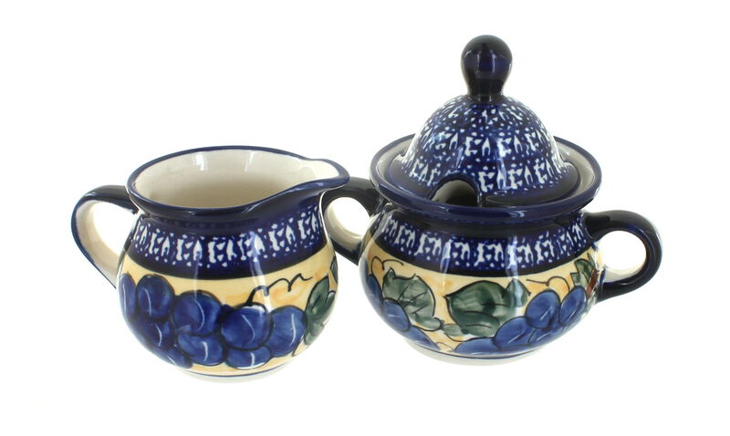 Blue Rose Polish Pottery Floral Butterfly Cream & Sugar Set