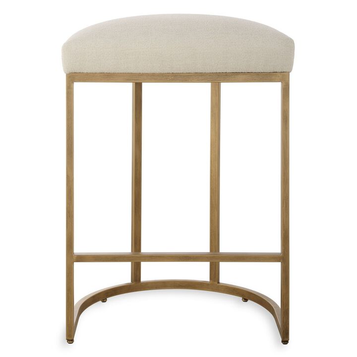 Gyn Counter Height Stool, Cream Performance Fabric, Brass Cantilever Base